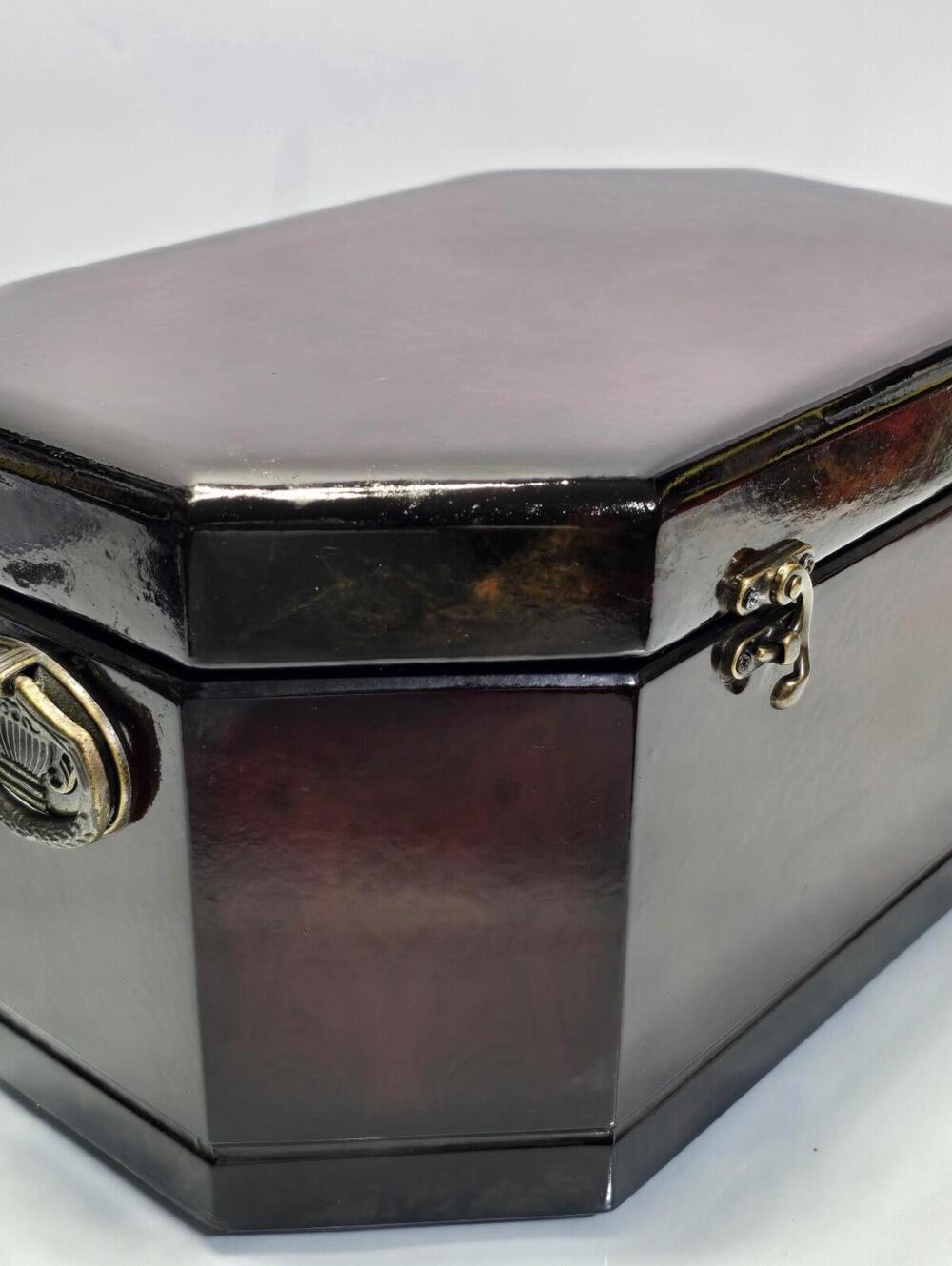 Decorative Elegant Two Tone Wooden Jewelry Box Octagonal Velvet Lined Brass.